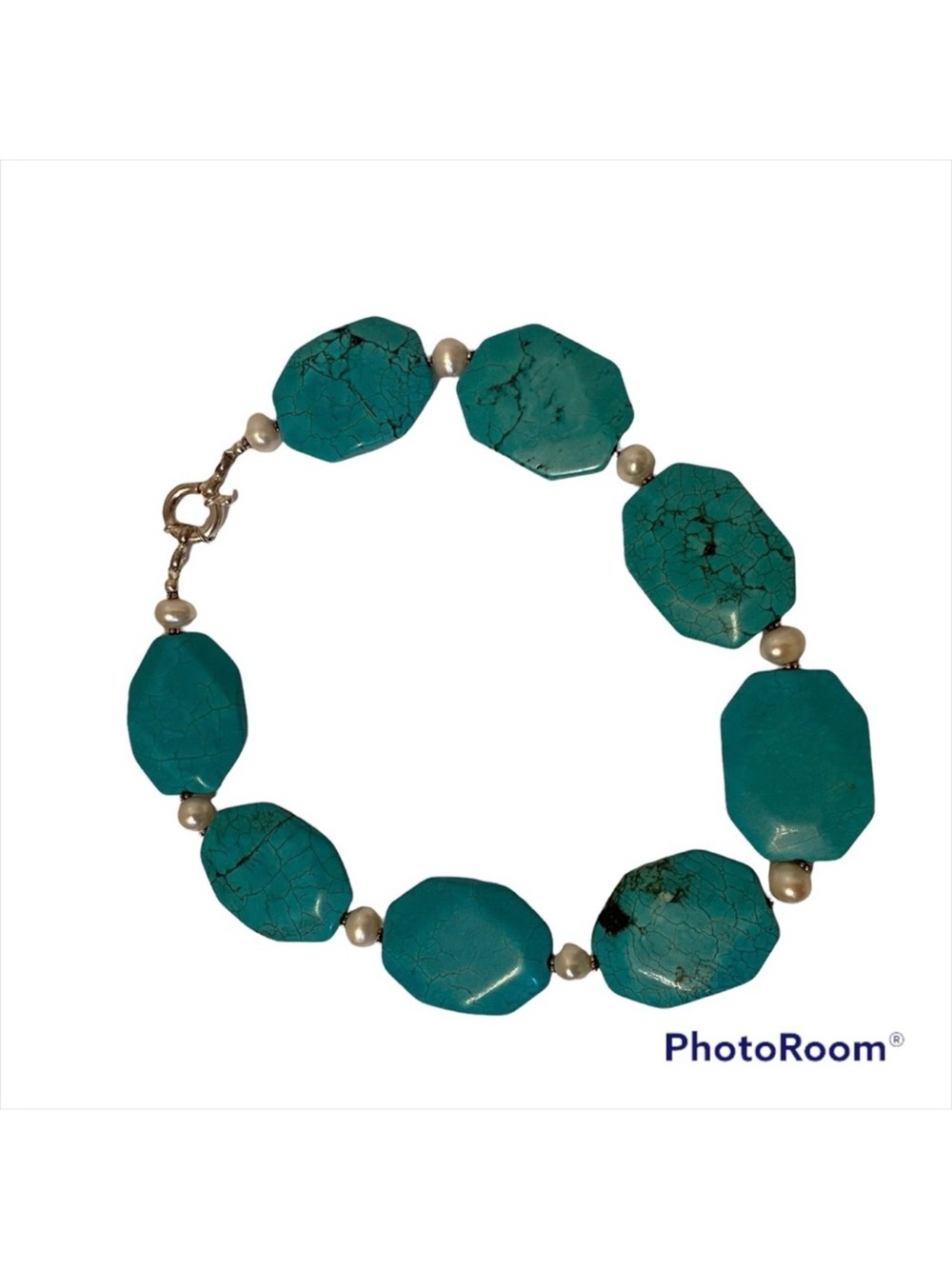 NECKLACE TURQUOISE NUGGETS HEXAGONAL FRESHWATER PEARLS 925 STERLING SILVER 18”